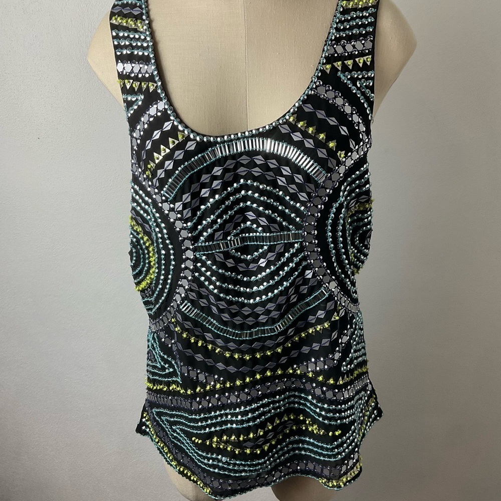 Parker Beaded Metallic Embellished Black Tank Top